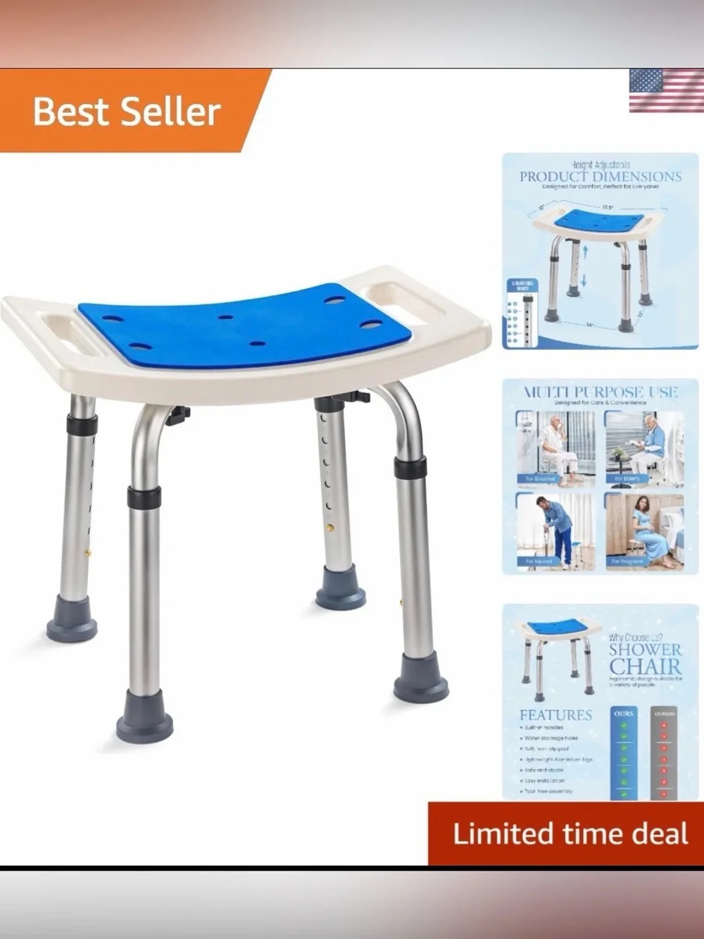 Dr.Kays Shower Chair for Inside Bathroom 350 lbs Shower Stool with Adjustable